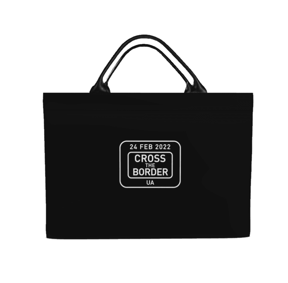 GUSSI Carryall Tote from the front, printed with the Cross The Border stamp dated 24 February 2022