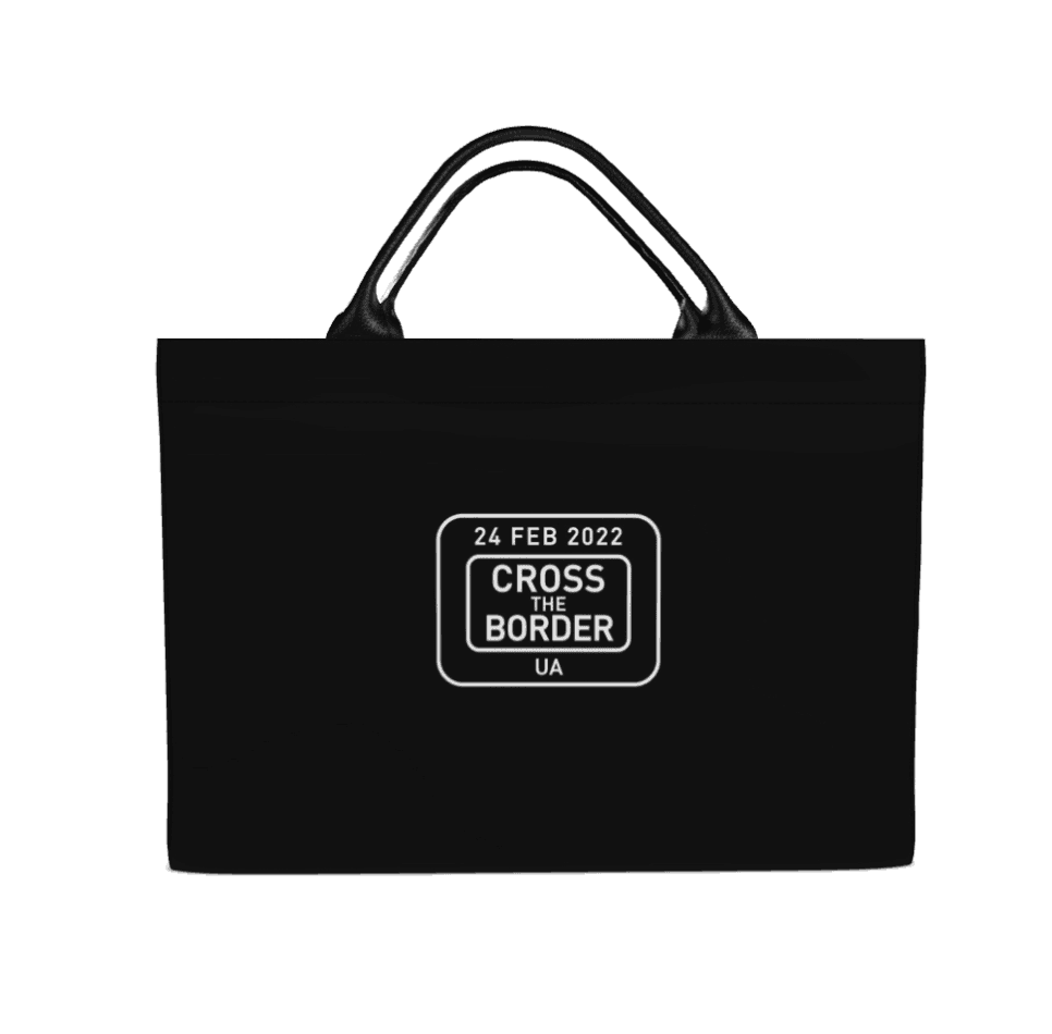 GUSSI Carryall Tote in black canvas, printed with the Cross The Border stamp dated 24 February 2022