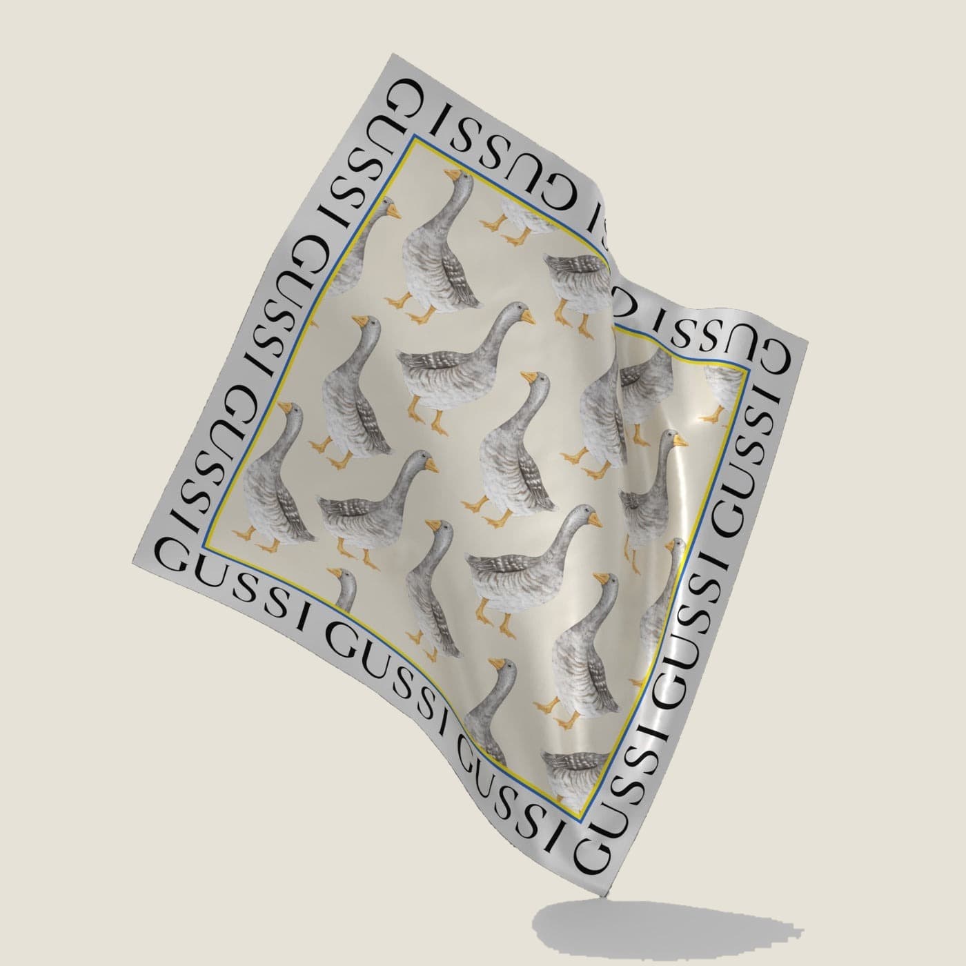 GUSSI Oversized Silk Scarf in goose print, worn as a headscarf
