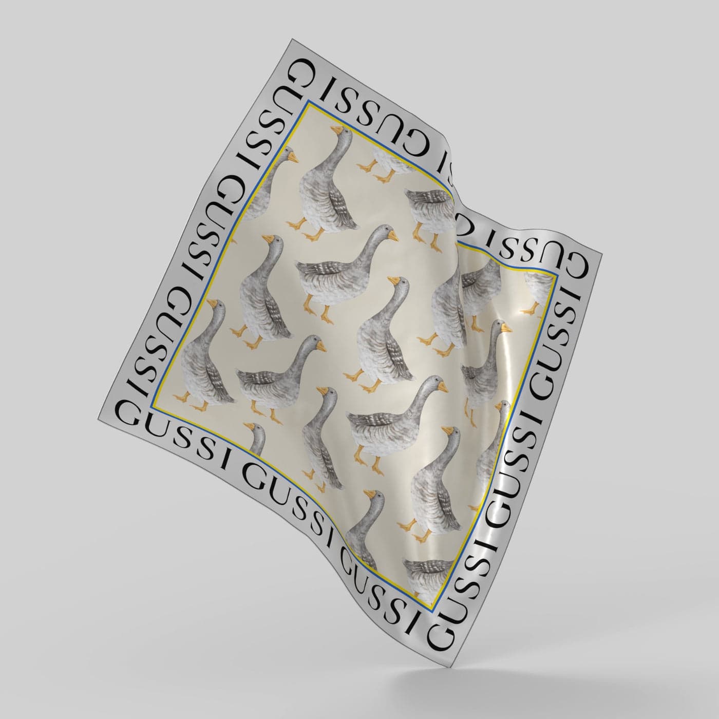 GUSSI Oversized Silk Scarf in goose print, worn as a headscarf