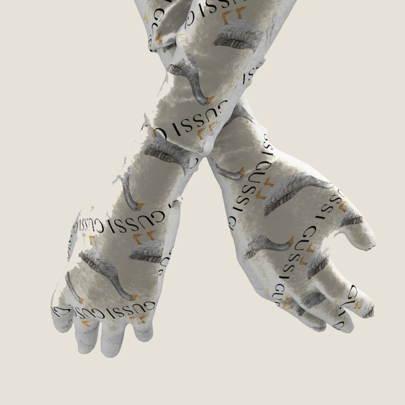 GUSSI sleeve gloves, detail of the goose print