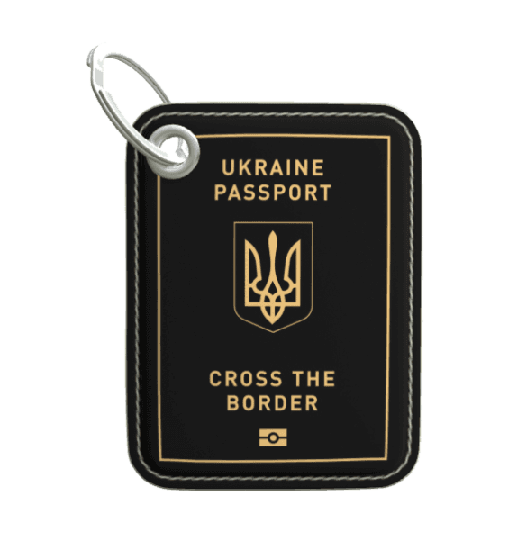 GUSSI Leather Keyring shaped as a Ukrainian passport, gold foil on black leather