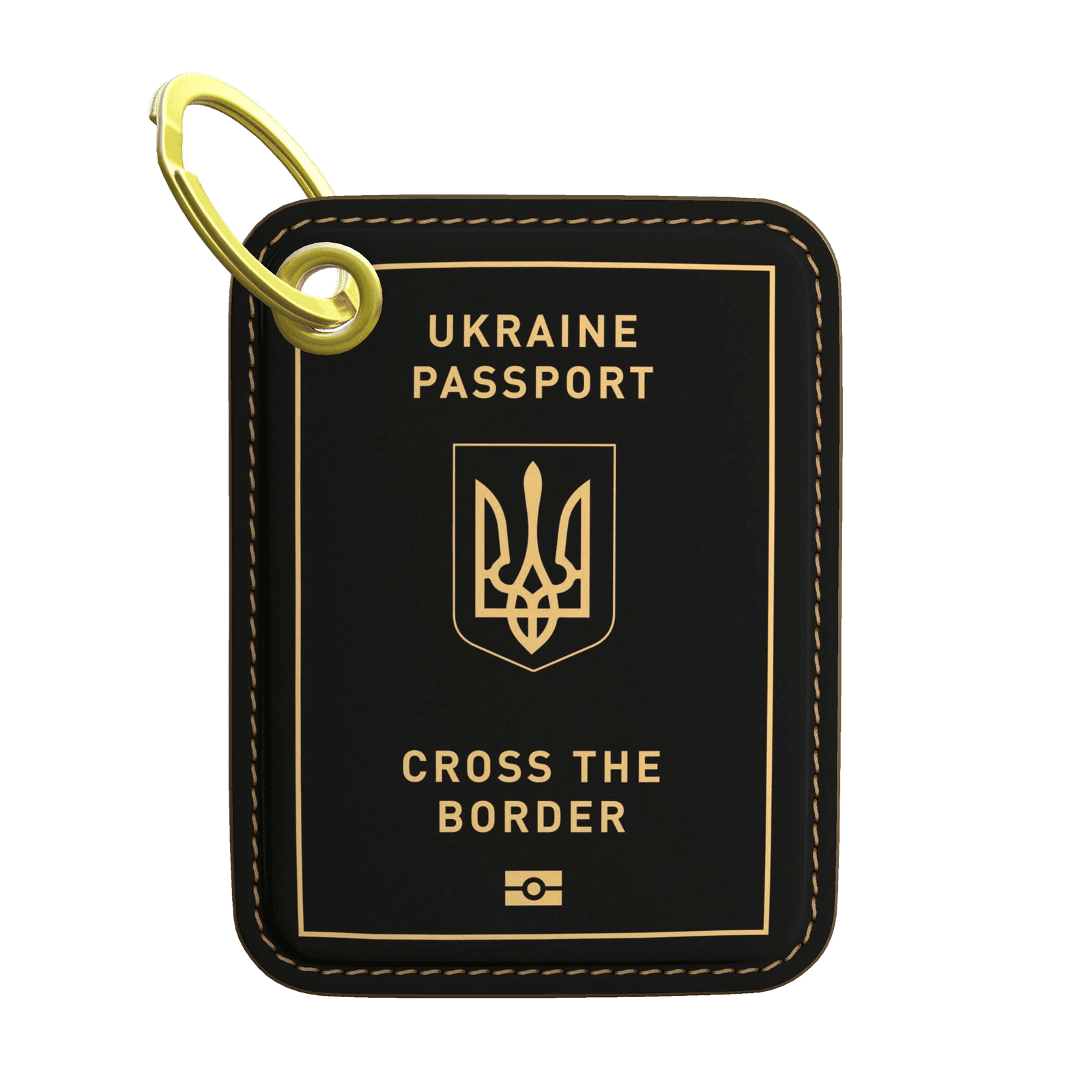 GUSSI passport keyring in gold, with brass split ring and gold foil on black leather