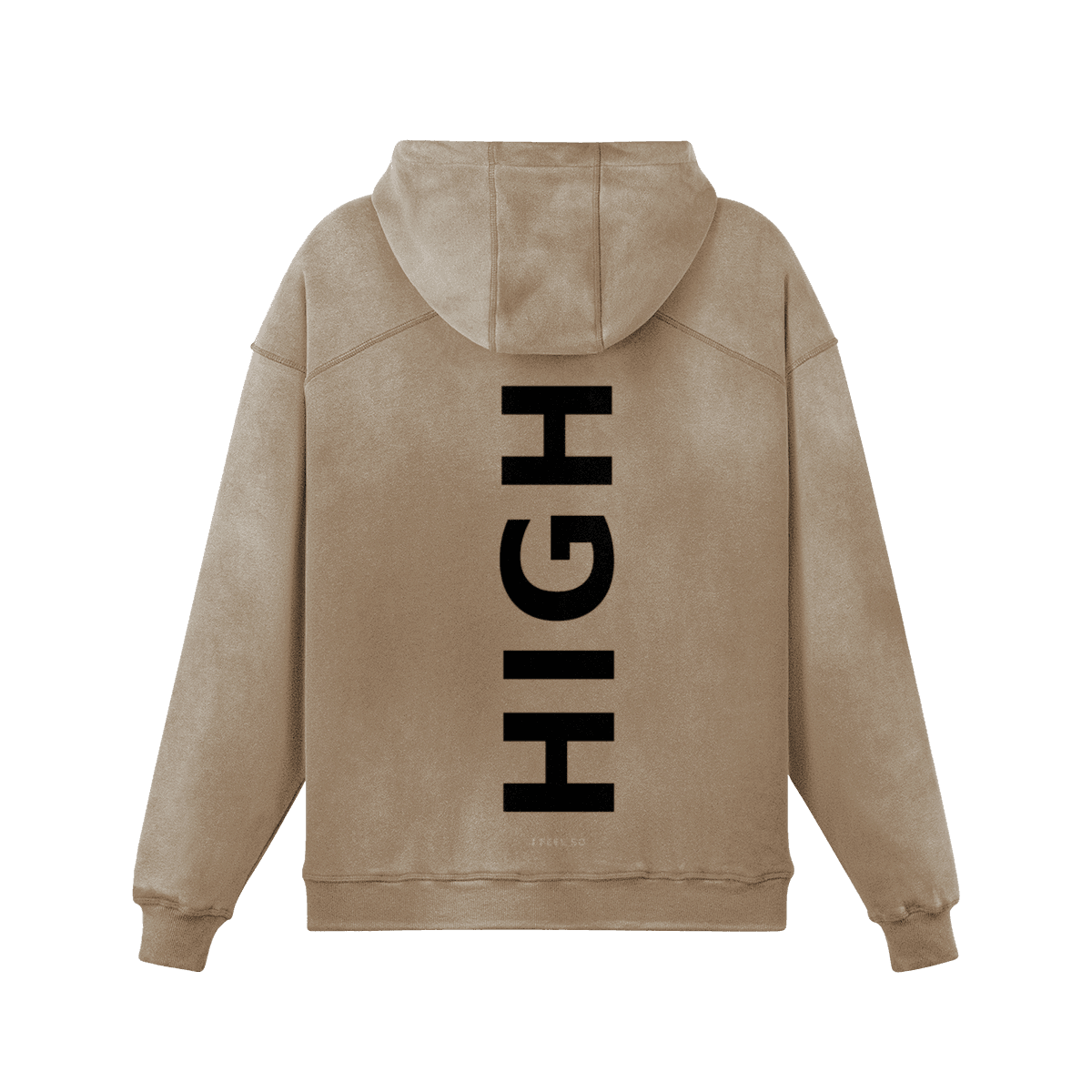 GUSSI When I’m Low heavyweight hoodie in khaki from the back, HIGH set large down the spine
