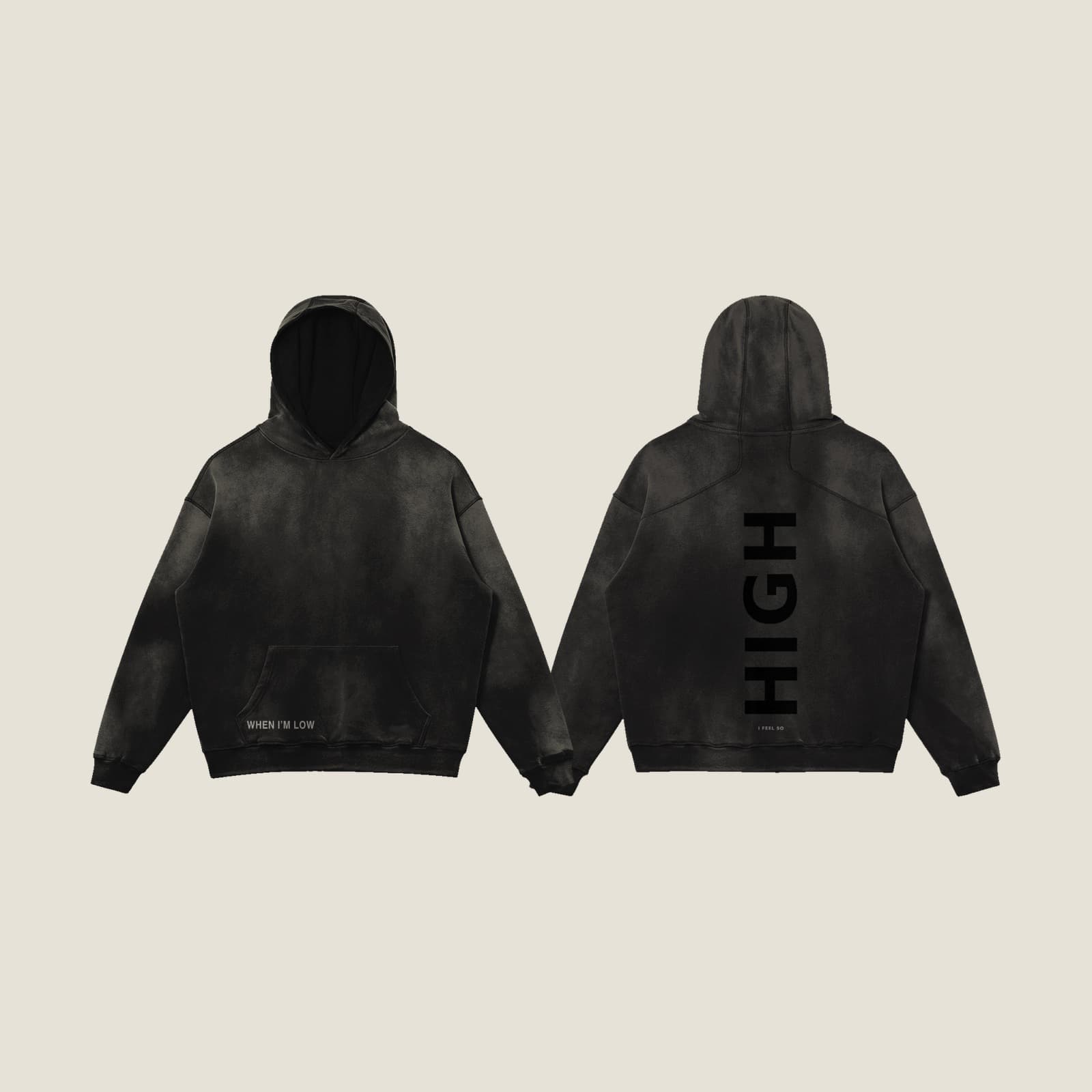GUSSI When I’m Low heavyweight hoodie in khaki, front and back together - WHEN I AM LOW at the hem, HIGH set large down the spine