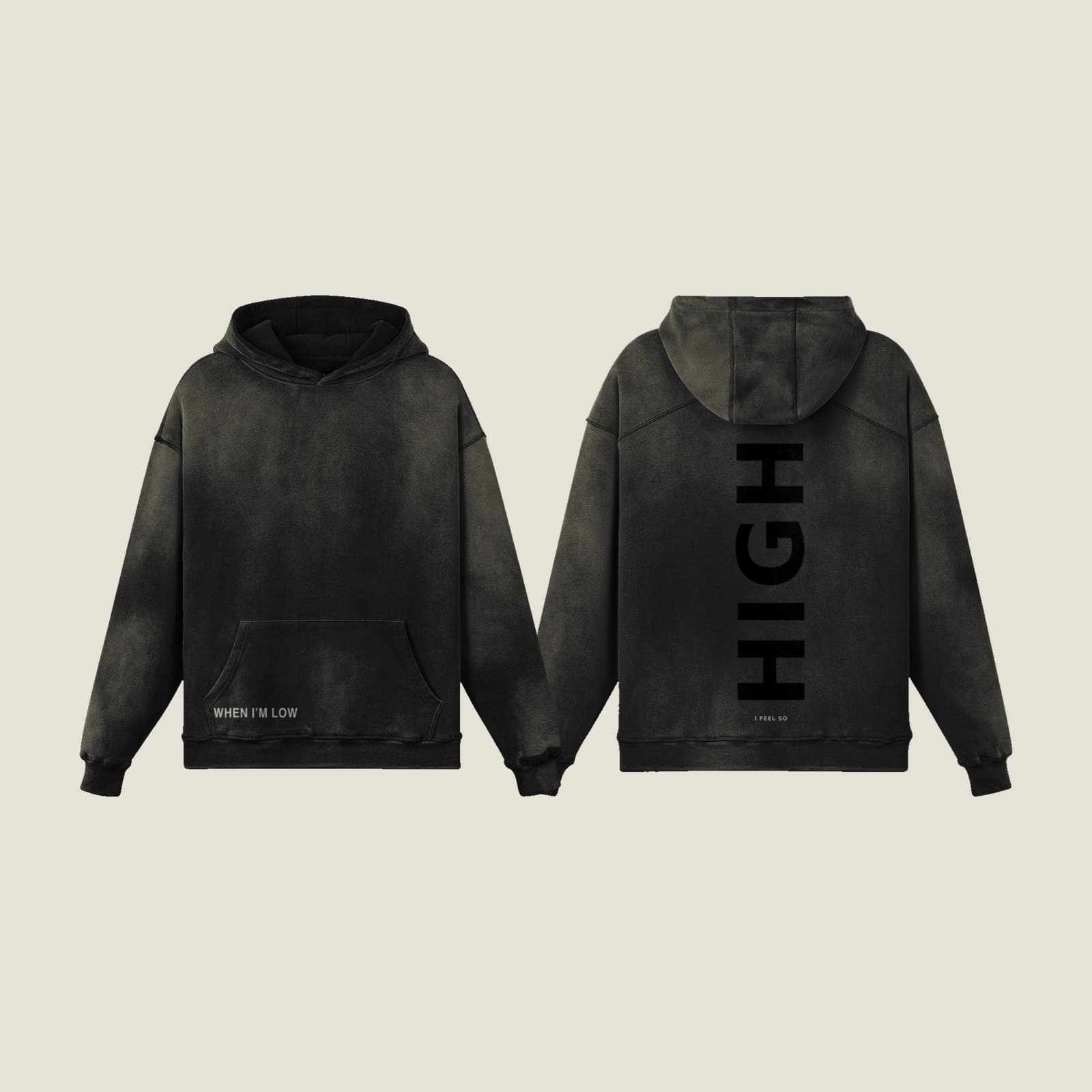GUSSI When I’m Low heavyweight hoodie in smoky black, front and back together - WHEN I AM LOW at the hem, HIGH set large down the spine