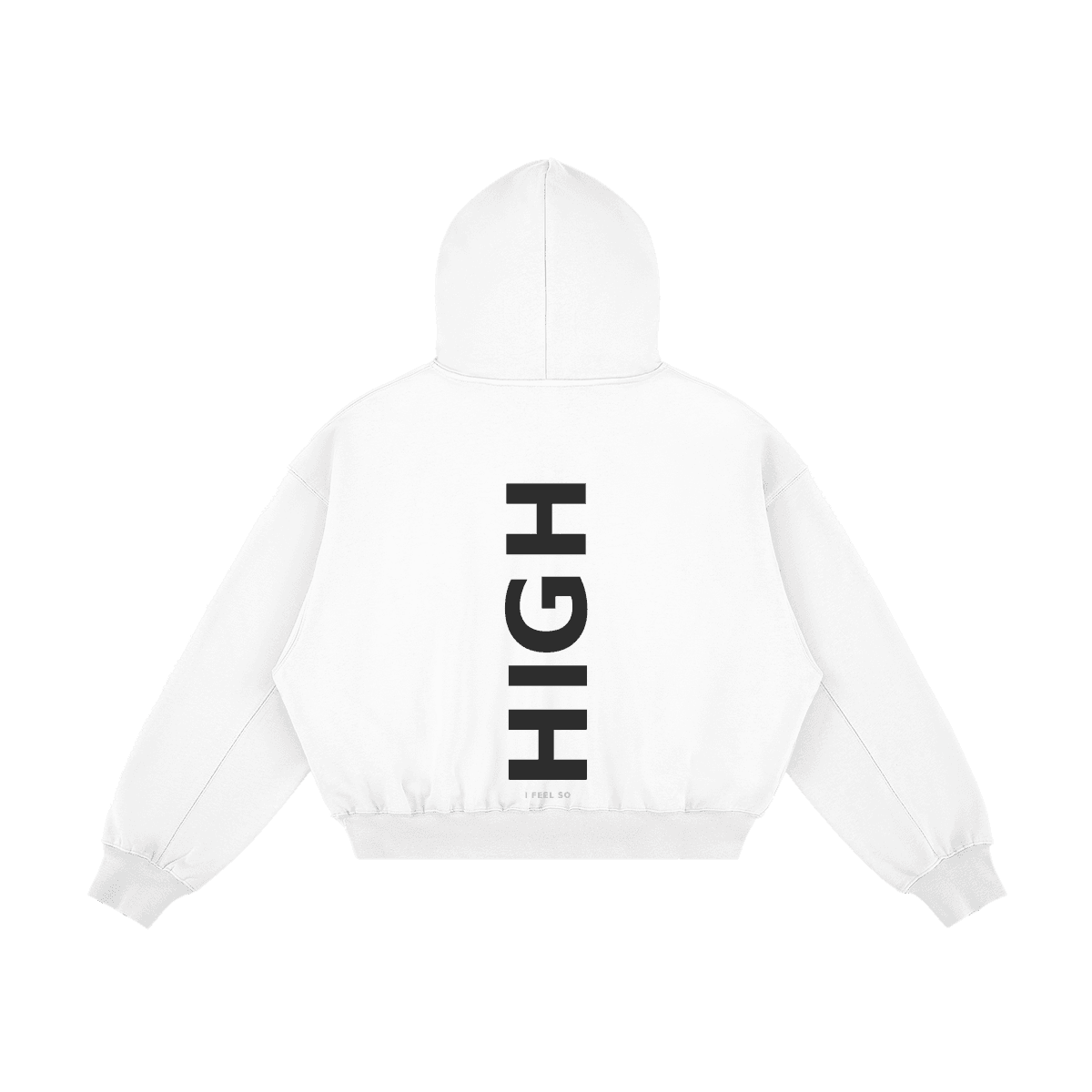 GUSSI When I’m Low hoodie from the back: I FEEL SO at the hem and HIGH set large down the spine