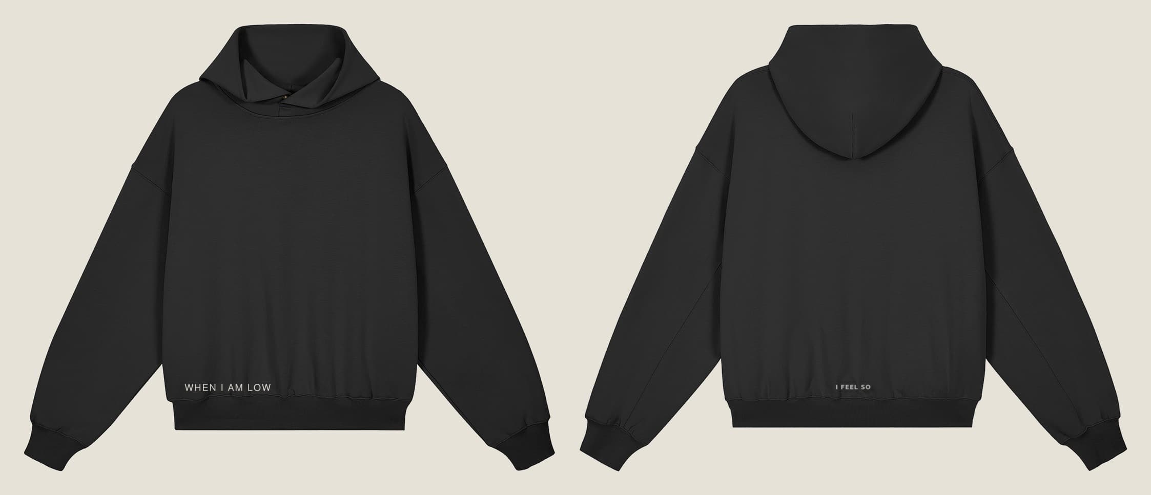 GUSSI When I’m Low hoodie in black, front and back together: WHEN I AM LOW at the front hem, I FEEL SO at the back