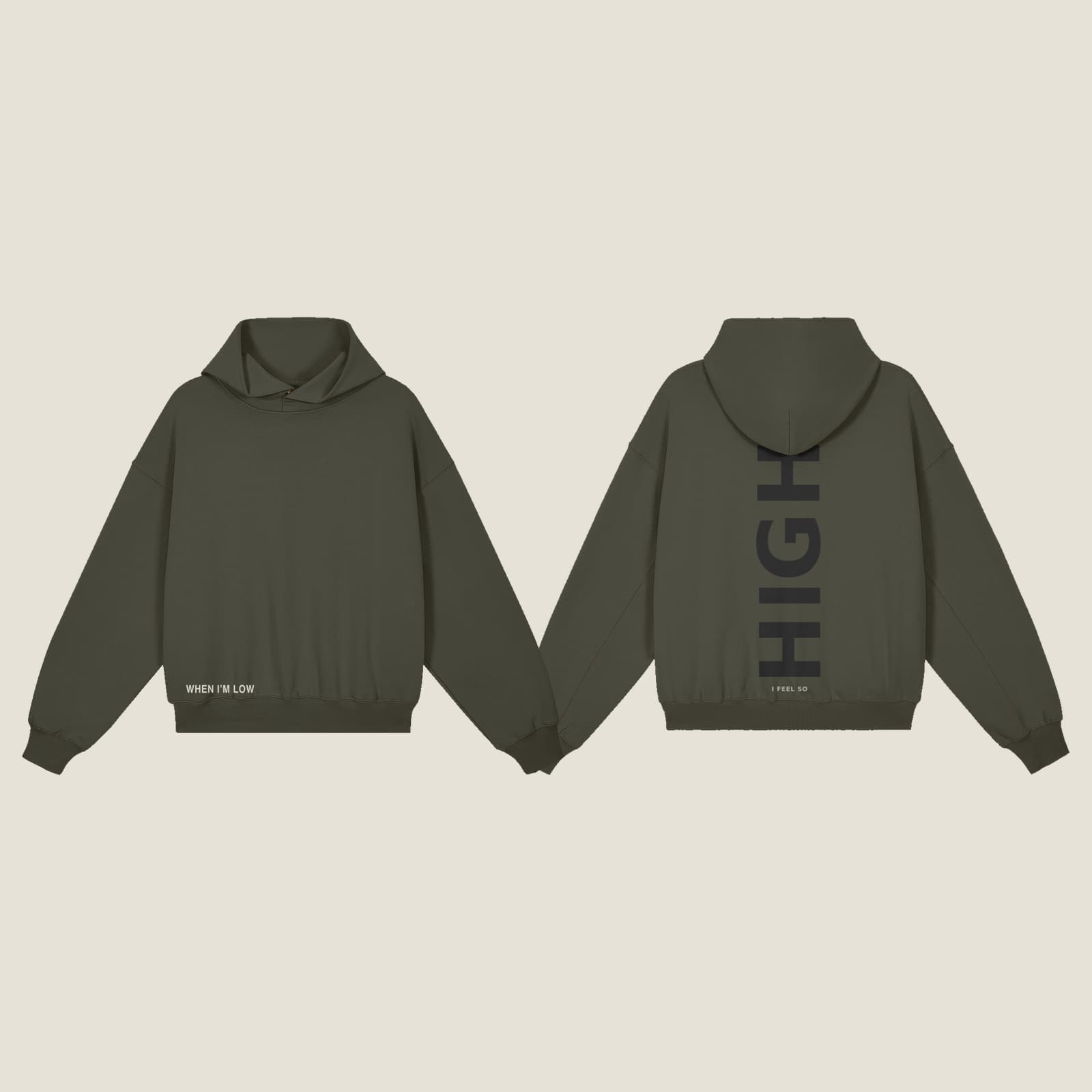 GUSSI When I’m Low hoodie in charcoal, front and back together - WHEN I AM LOW at the hem, HIGH down the spine