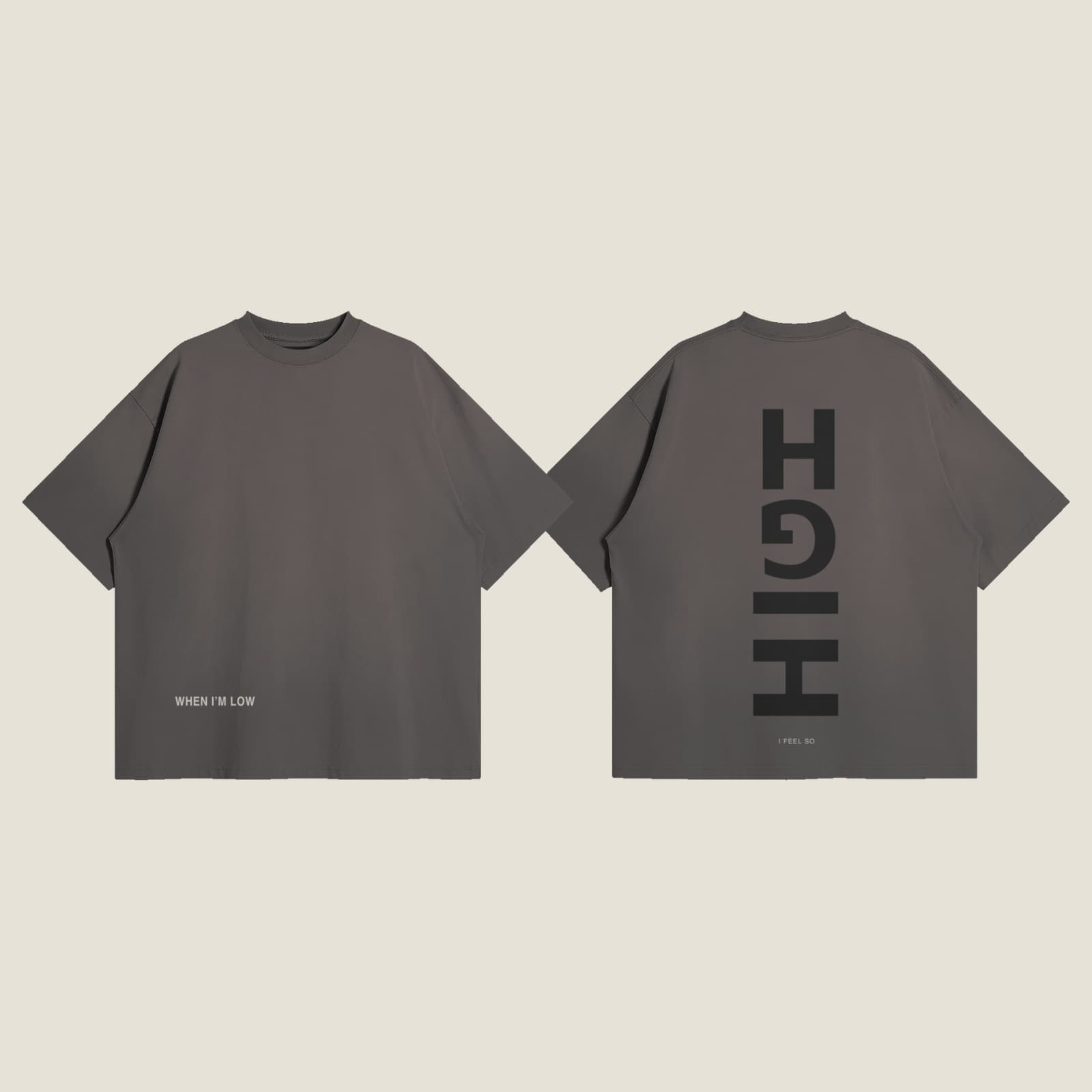 GUSSI When I’m Low tee in smoky gray, front and back together - boxy 260gsm sun-faded cotton