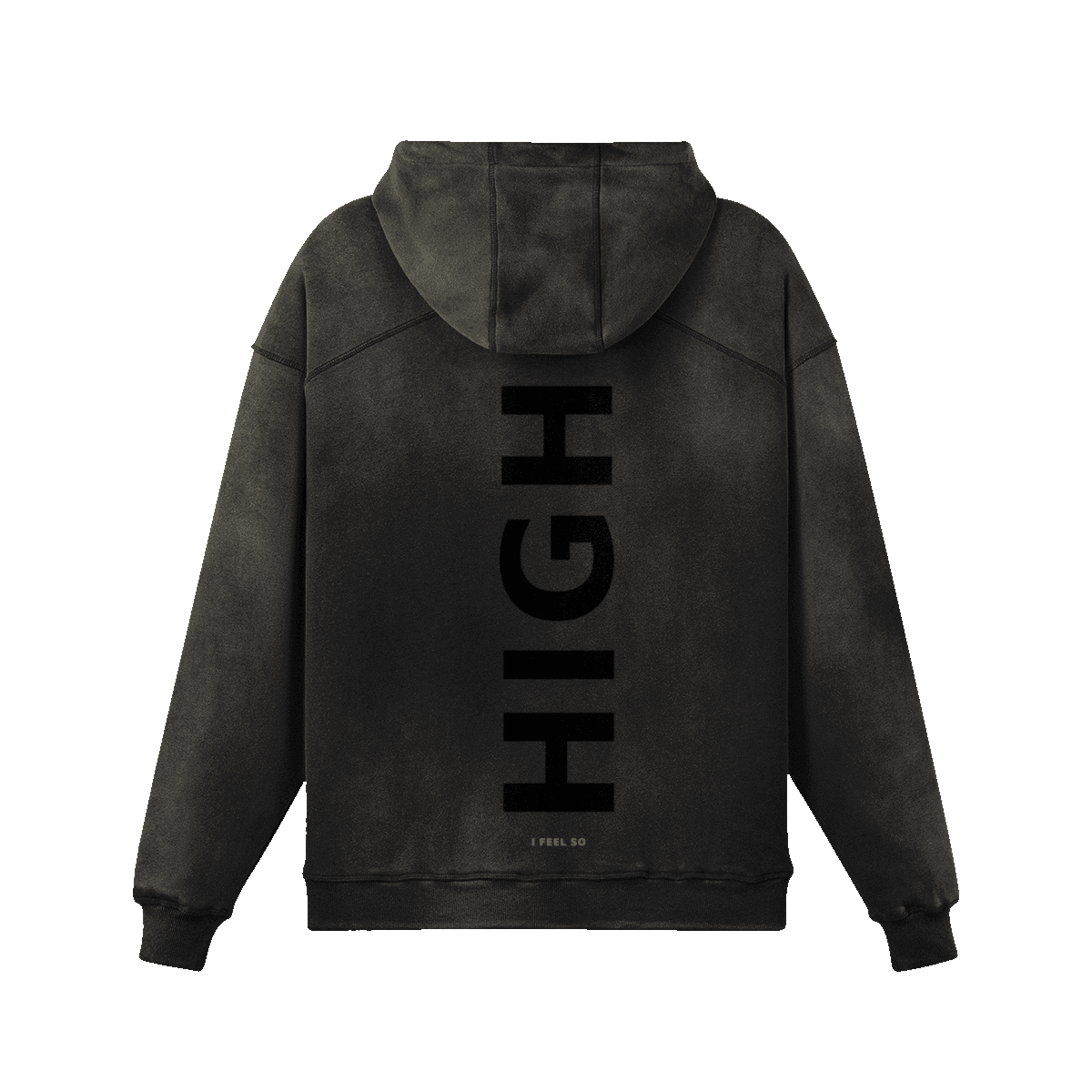 GUSSI When I’m Low heavyweight hoodie in smoky black from the back, HIGH set large down the spine