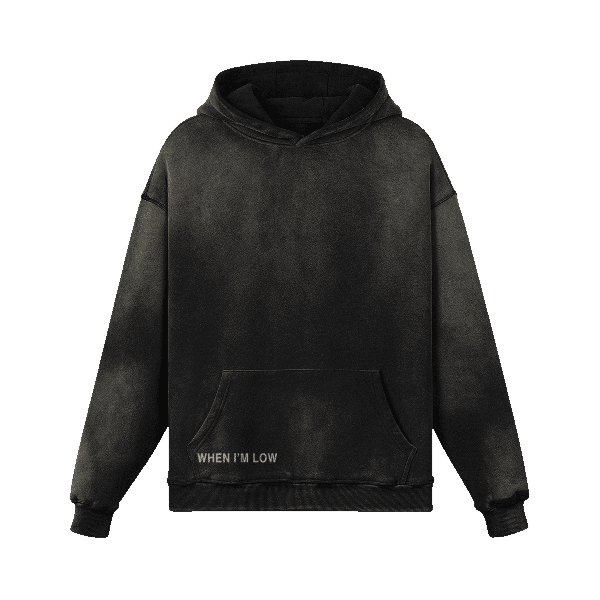 GUSSI When I’m Low heavyweight hoodie in smoky black, 400gsm sun-faded fleece